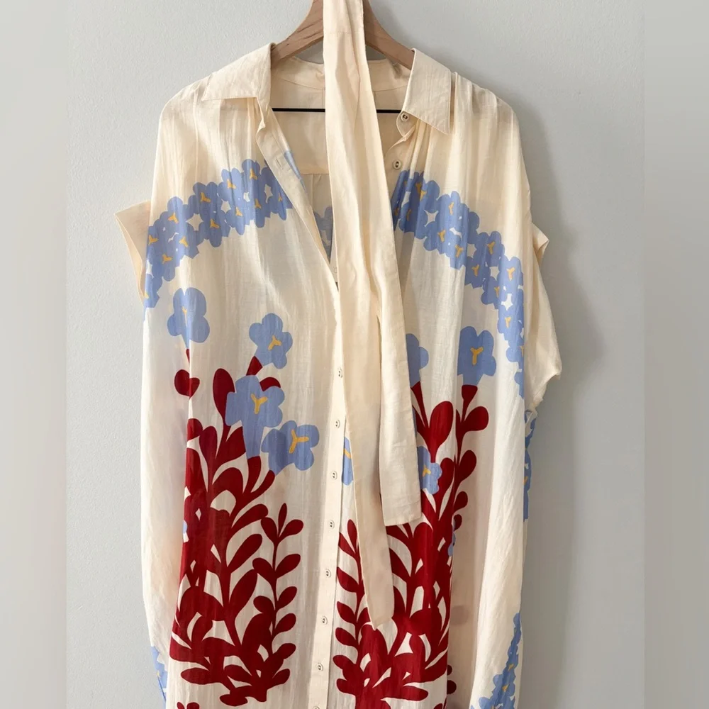 Carolina K Valerie Caftan Dress Size L cream blue burgundy organic cotton NWT - Picture 2 of 7